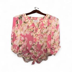 Rose & Olive Women’s Size Small Loose Pink Floral Puff Sleeve Blouse Ties Front